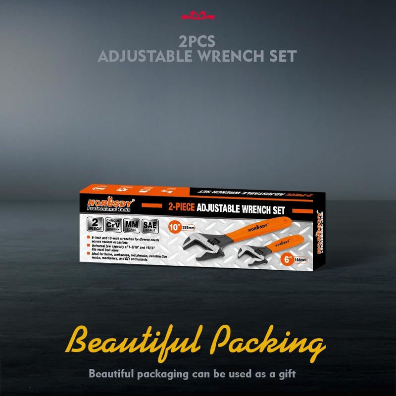 HORUSDY Adjustable Wrench Set | 2-Piece | 6-Inch and 10-Inch Wrenches | Metric & SAE Scales | Cushion Grip Wrench | Cr-V Steel - Image 2